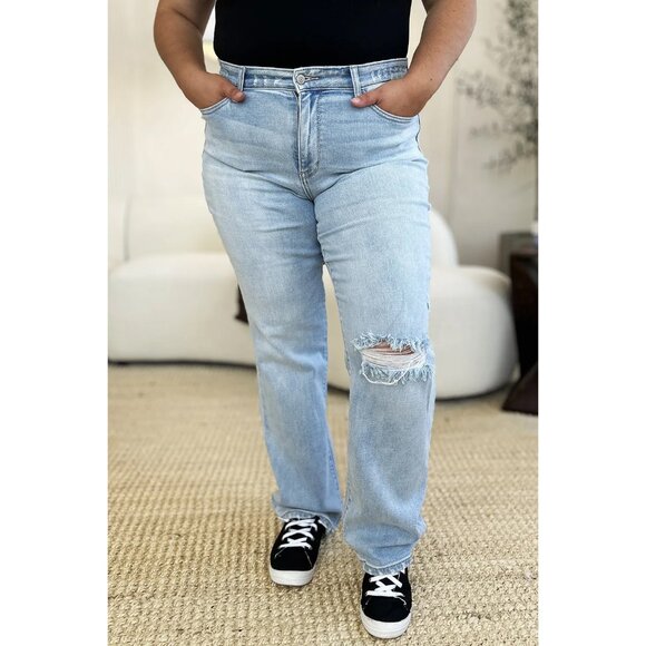 Judy Blue Denim - 🔥NWT Judy Blue High Waist Distressed Straight Jeans, Favorite Summer Days Jeans